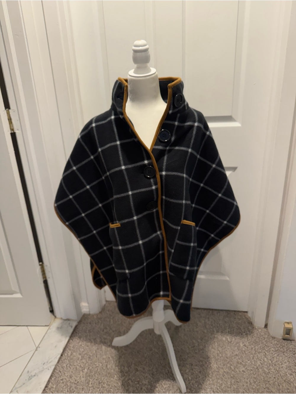 Black Windowpane Plaid Cape with Tan Trim